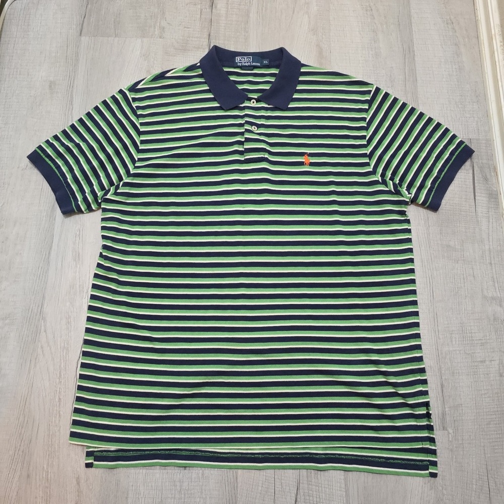 VTG Polo Ralph Lauren Shirt XL Striped Green Blue Orange Pony Cotton Pique Polo‎